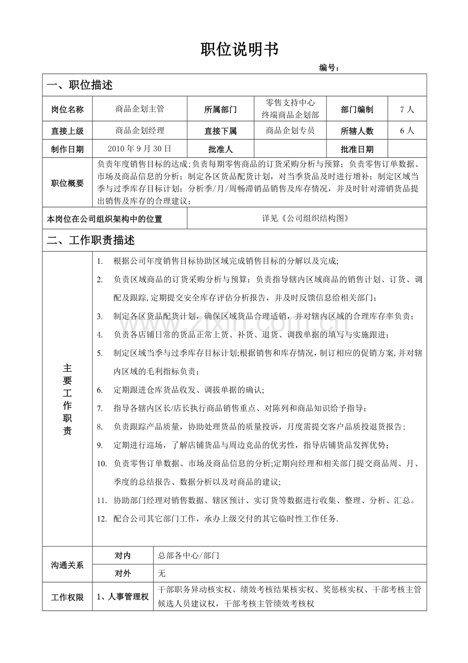 终端商品企划部职位说明书-商品企划主管职位说明书.docx_第1页