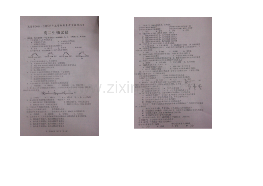 福建省龙海市2020-2021学年高二上学期期末质量监控抽查生物试题-扫描版含答案.docx_第1页