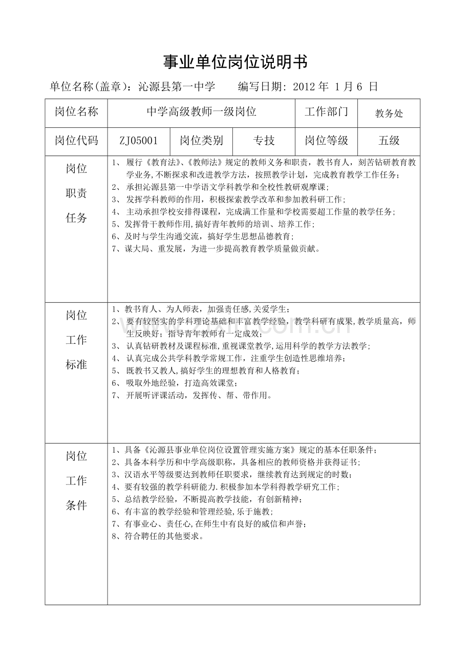 事业单位岗位说明书五、六、七、八、九、十级.doc_第1页