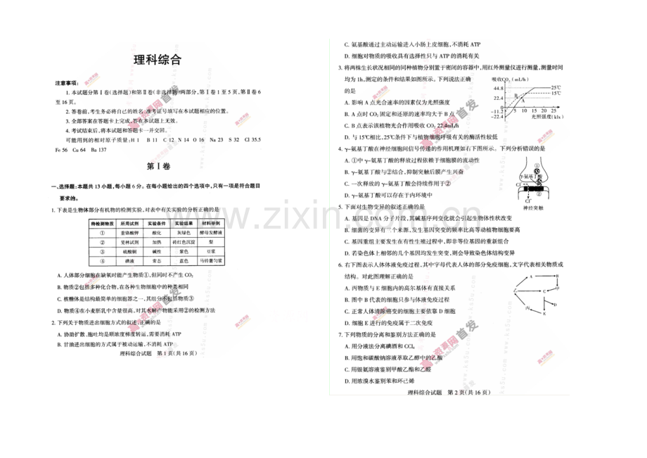 河南河北山西2021届高三高考考前质量监测(二)-理科综合-扫描版含答案.docx_第1页