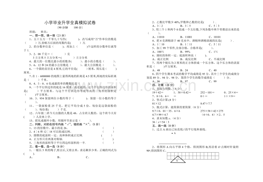 小学毕业升学全真模拟试卷.doc_第1页