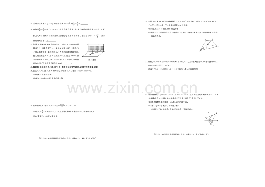 浙江省2021届高三高考模拟训练评估卷(三)数学(文)-扫描版含答案.docx_第2页