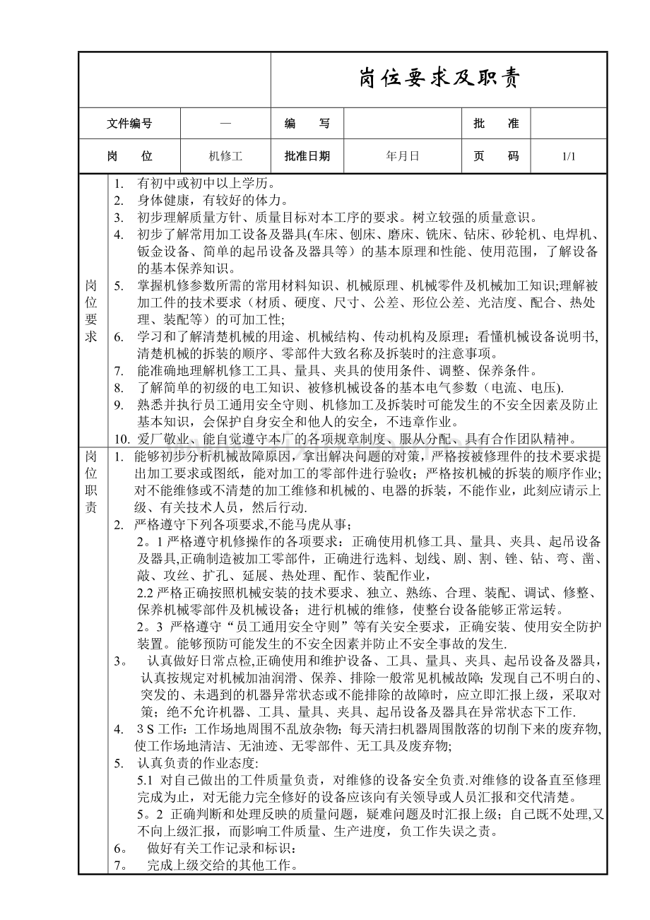 机修工岗位要求及职责.doc_第1页