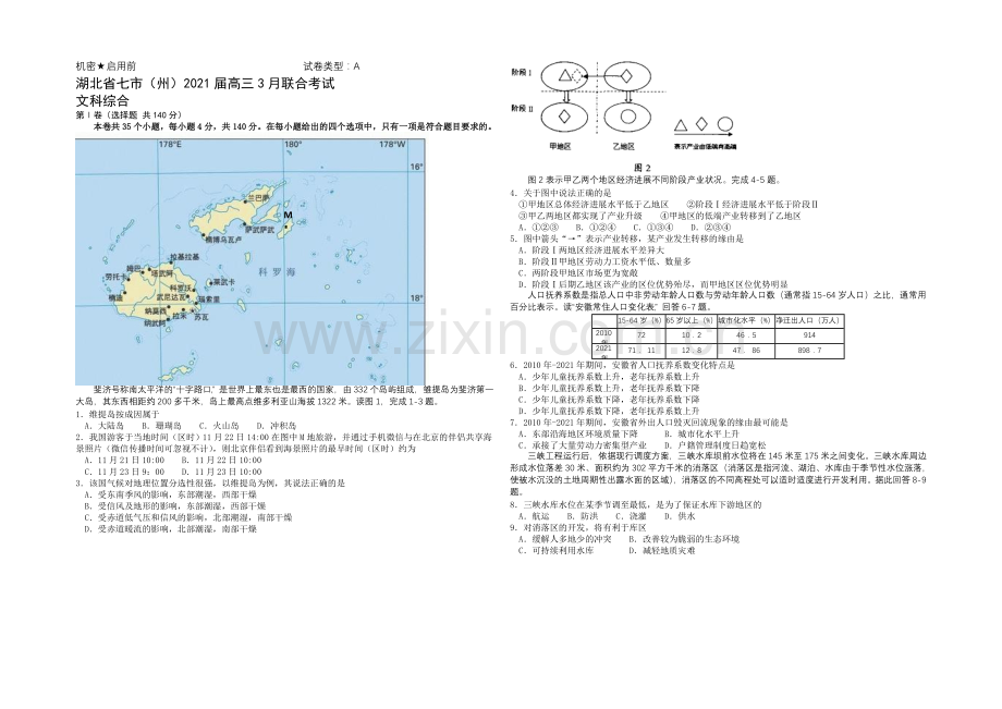 湖北省七市(州)2021届高三下学期教科研协作体联考文综试题A卷-Word版含答案.docx_第1页