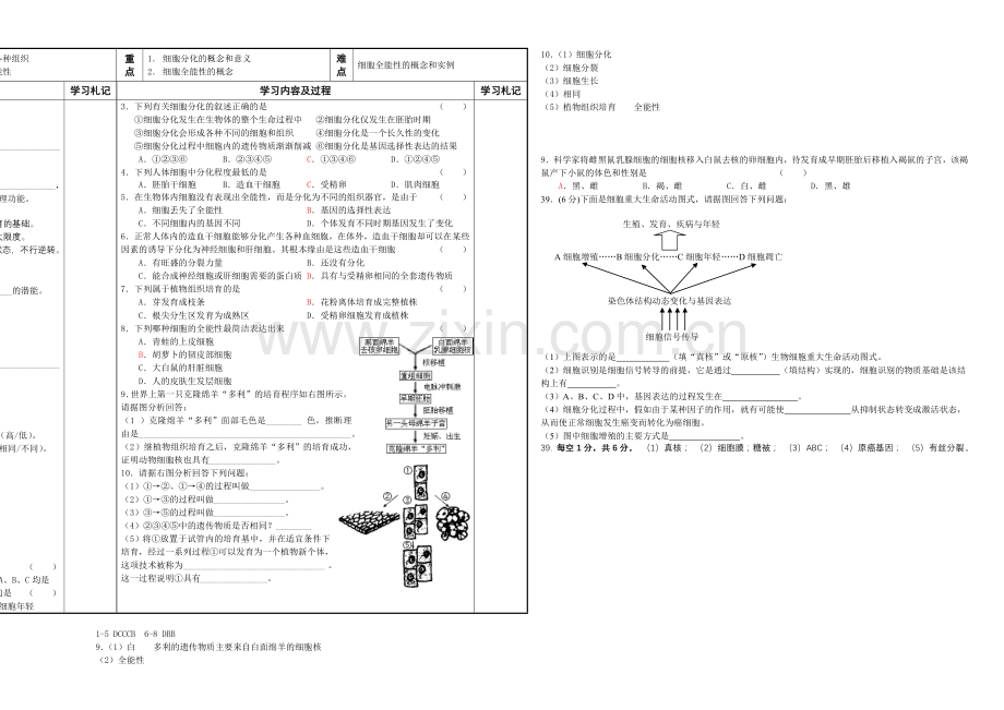 江苏省2013—2020学年高一生物(苏教版)必修一学案24：--细胞分化.docx_第1页