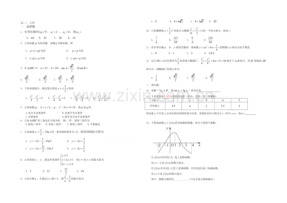 河北省邯郸市2020-2021学年高二上学期期末考试文科数学试题Word版含答案.docx_第1页