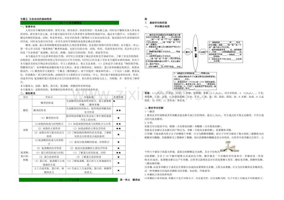 2021版高中化学苏教版选修5《有机化学基础》教材知识详解：专题五+第一单元++糖类+油脂.docx_第1页