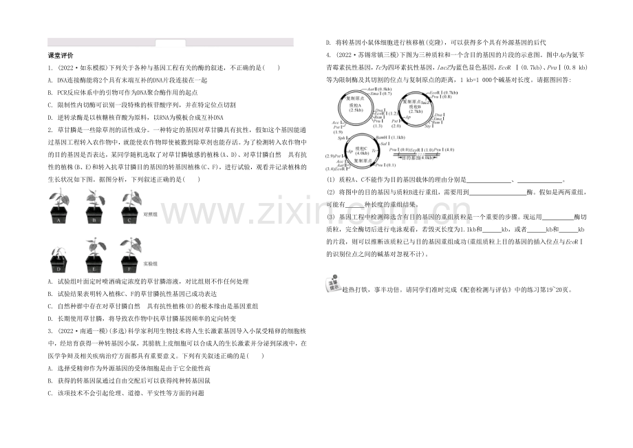 2021高考生物二轮复习提优(江苏专用)专题四-第三讲-基因工程及安全性16-【课堂评价】-.docx_第1页