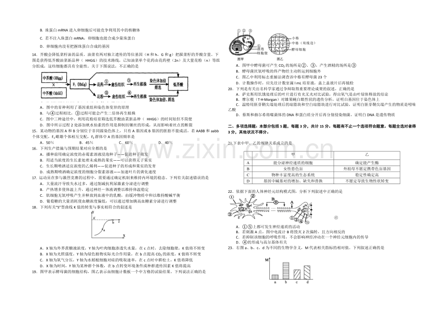 江苏省沭阳银河学校2021届高三上学期开学初学情调研-生物-Word版含答案.docx_第2页