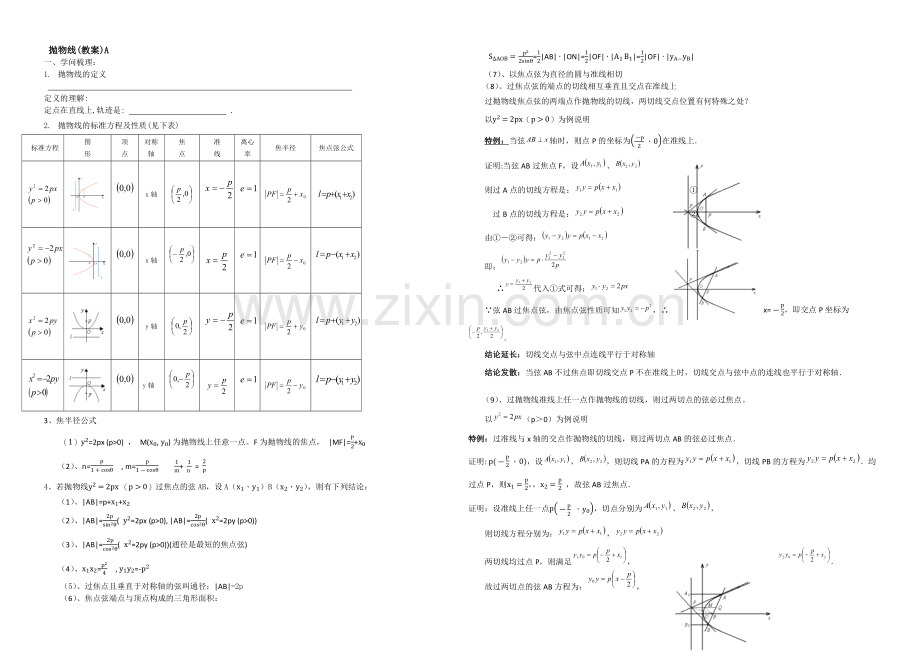 【全国百强校】东北师大附中高三数学第一轮复习导学案：抛物线A.docx_第1页