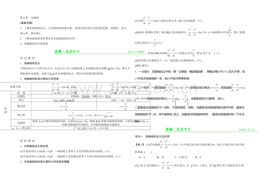 2021年高考数学(四川专用-理)一轮复习考点突破：第8篇-第6讲-双曲线.docx_第1页