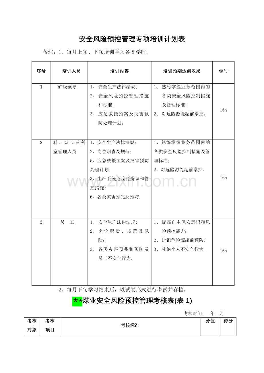 安全风险预控管理专项培训计划表.docx_第1页