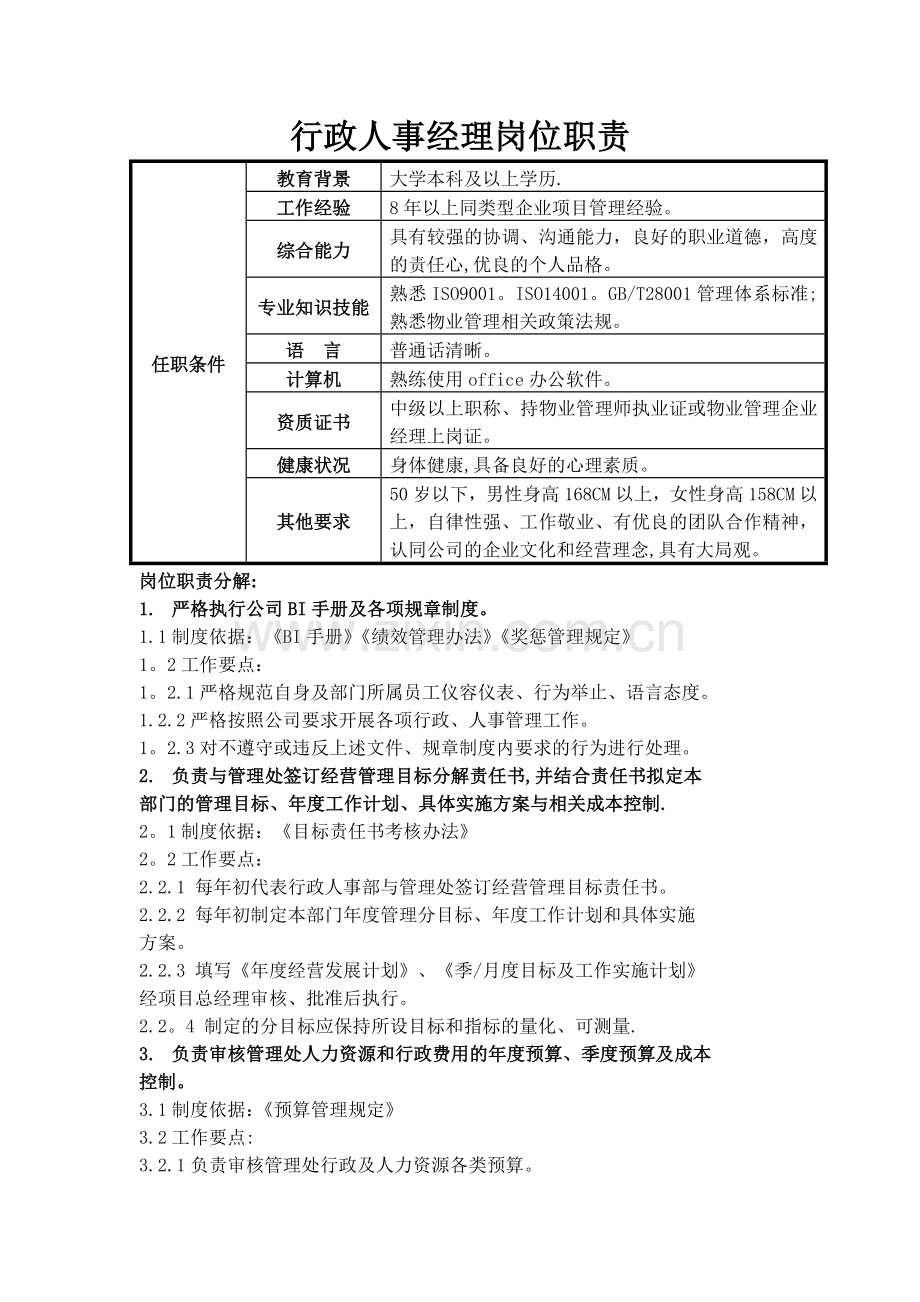 行政人事经理岗位说明书.docx_第1页