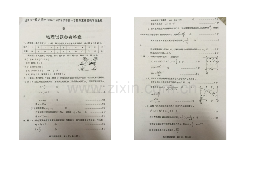 福建省龙岩市一级达标校2021届高三上学期期末质量检查物理试卷-扫描版含答案.docx_第3页