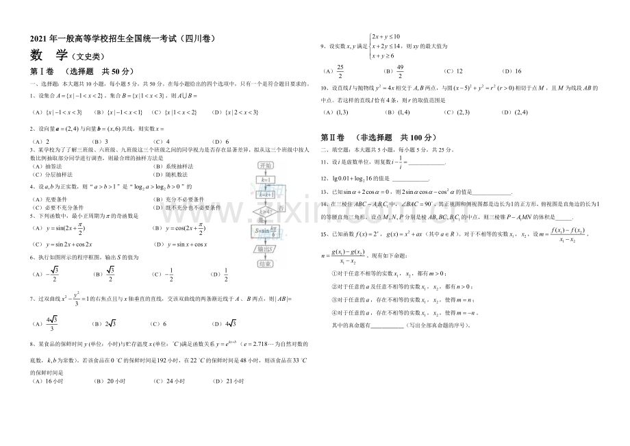 2021年高考真题——文科数学(四川卷)Word版含答案(1).docx_第1页