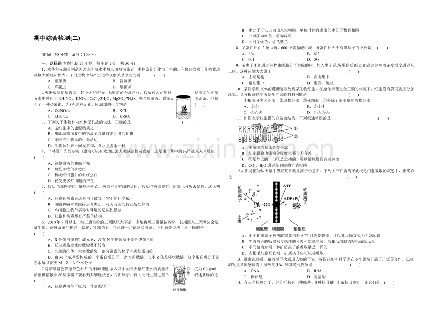 2021-2022学年高一生物人教版必修1期中综合检测(二)-Word版含解析.docx_第1页