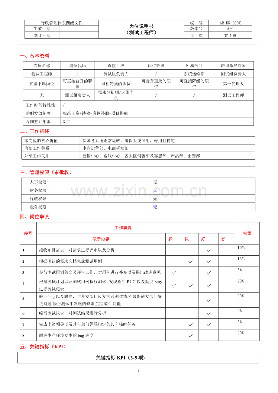 测试工程师岗位说明书.docx_第1页