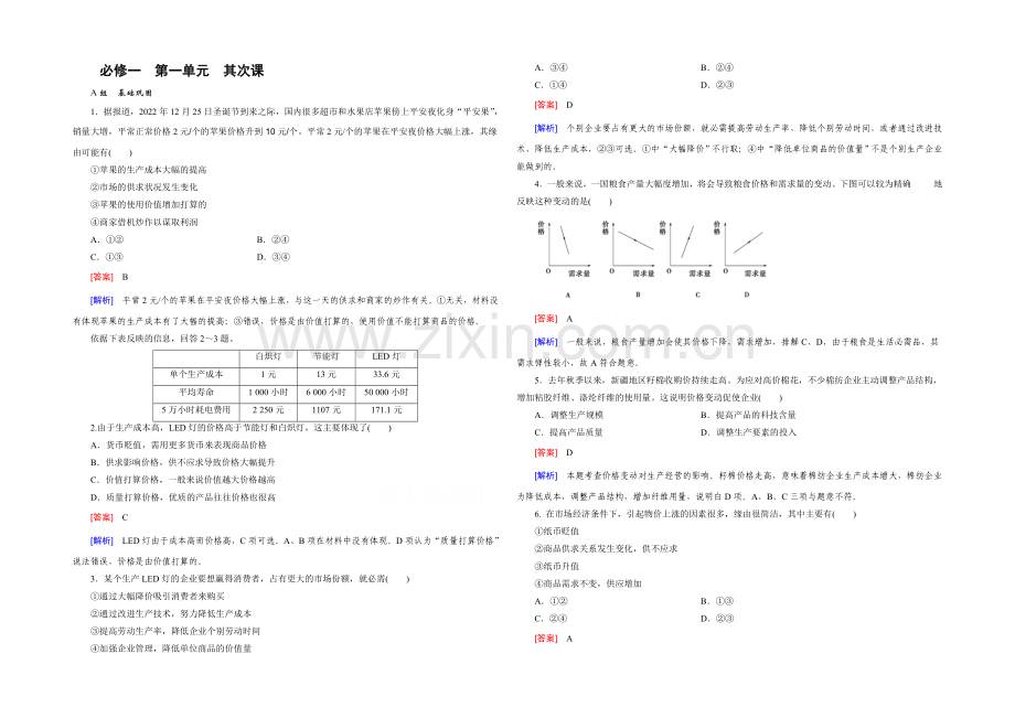 【2021春走向高考】高三政治一轮(人教版)复习：必修1-第一单元-第2课-课时巩固.docx_第1页