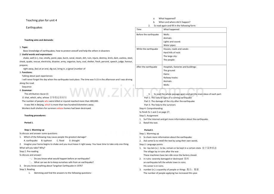 2021高一英语教案：-Unit-4(人教版必修1)2--Word版无答案.docx_第1页