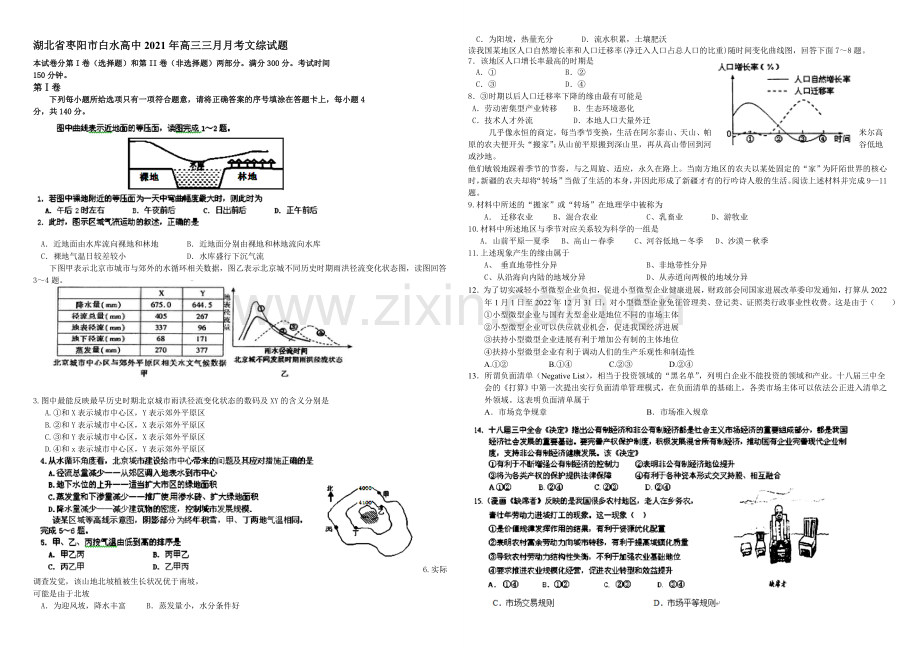 【Ks5u名校】湖北省枣阳市白水高级中学2021届高三3月月考文综试题-Word版含答案.docx_第1页