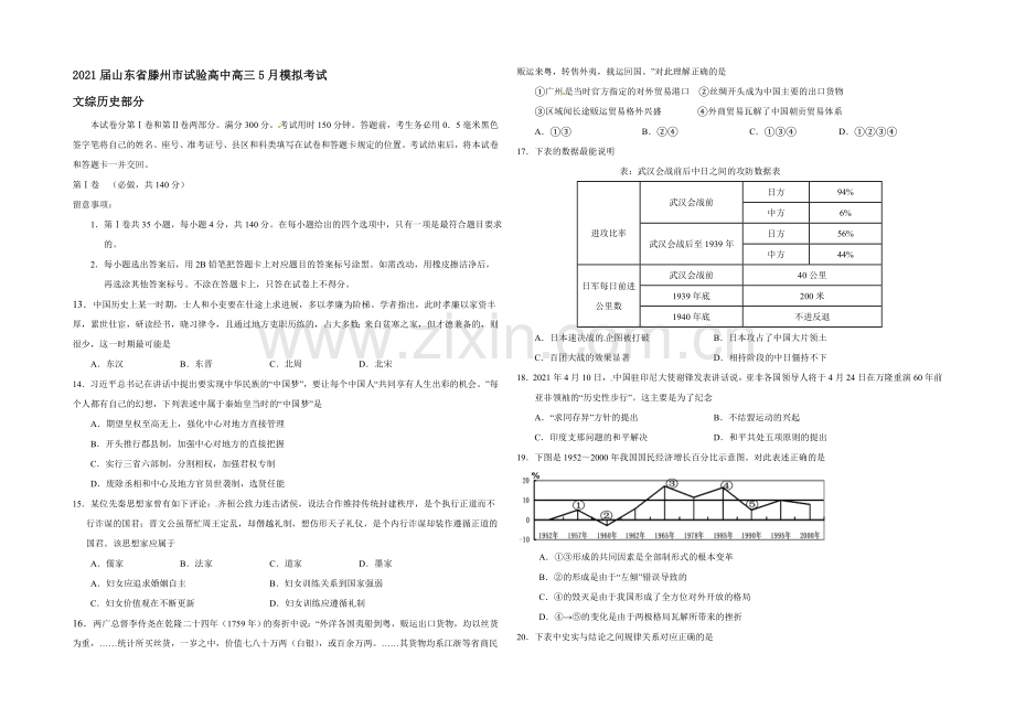 山东省滕州市实验中学2021届高三5月模拟考试历史试题-Word版含答案.docx_第1页