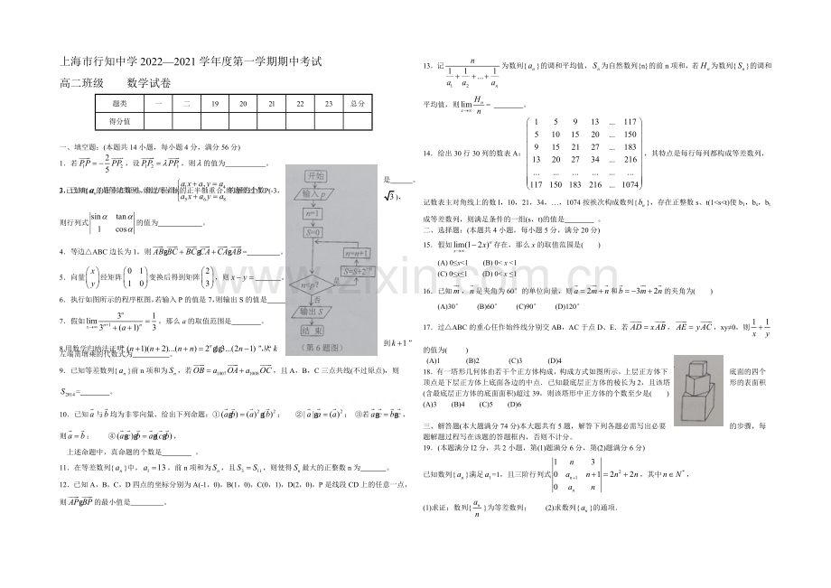 【Ks5u发布】上海市行知中学2020-2021学年高二上学期期中考试数学试题word版含答案.docx_第1页