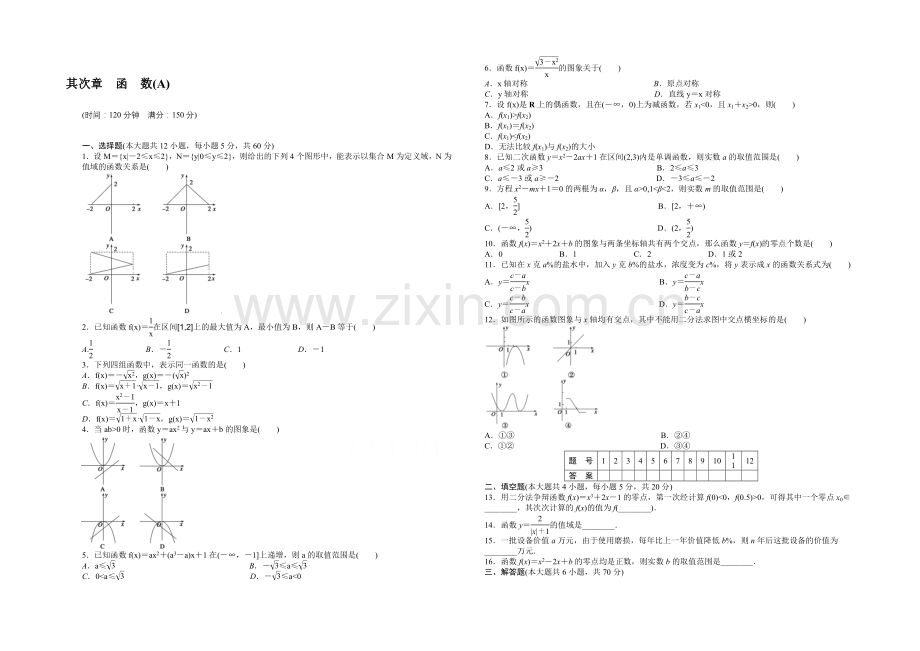 2020-2021学年高中人教B版数学必修一课时作业：第2章--章末测试(A).docx_第1页