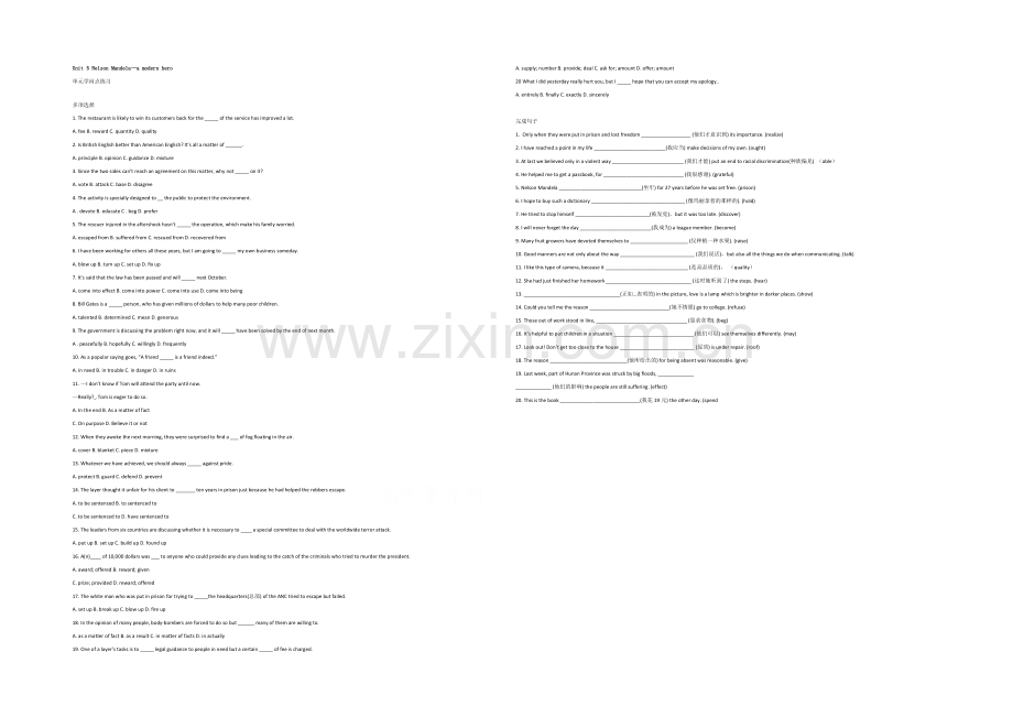 2021年高考英语人教版必修一各单元词汇句子练习-Unit-5-Nelson-Mandela.docx_第1页