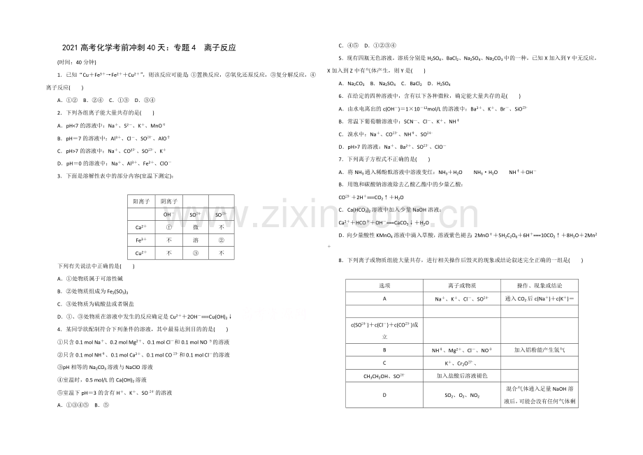 2021高考化学考前冲刺40天练习：专题4-离子反应.docx_第1页