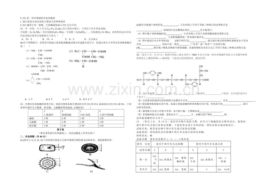 河南省实验中学2020-2021学年高一上学期第一次月考生物试题-Word版含答案.docx_第3页