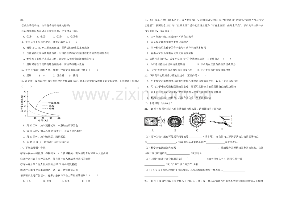 广东省湛江一中2021-2022学年高一上学期期中考试生物试题-Word版含答案.docx_第2页