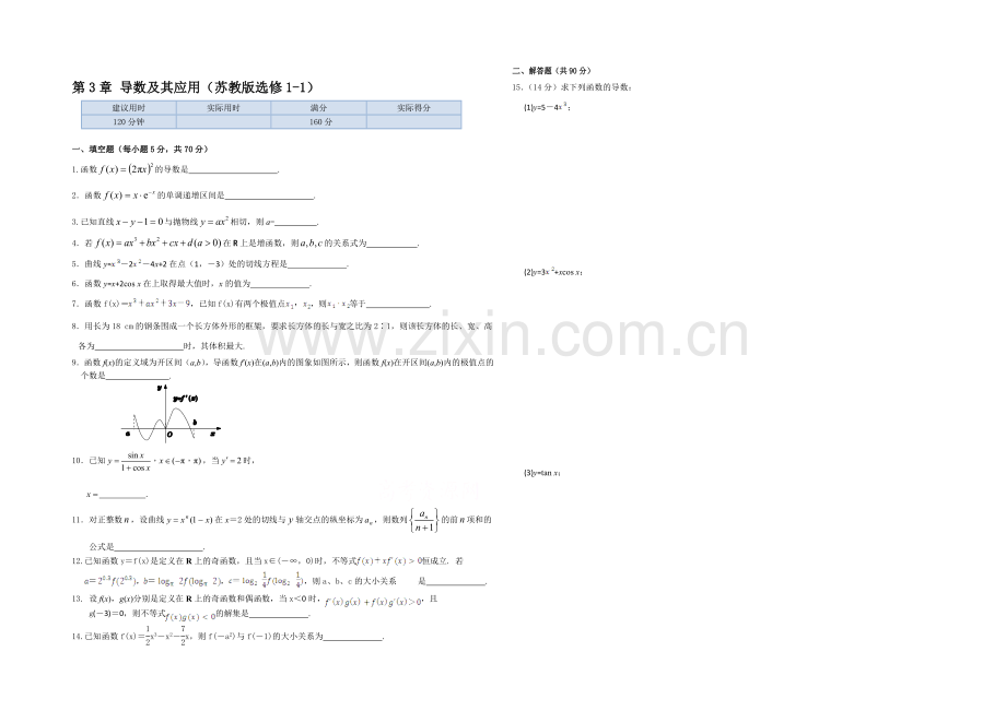 2013-2020高中数学苏教版(选修1-1)检测题-本章练测-第3章导数及其应用.docx_第1页