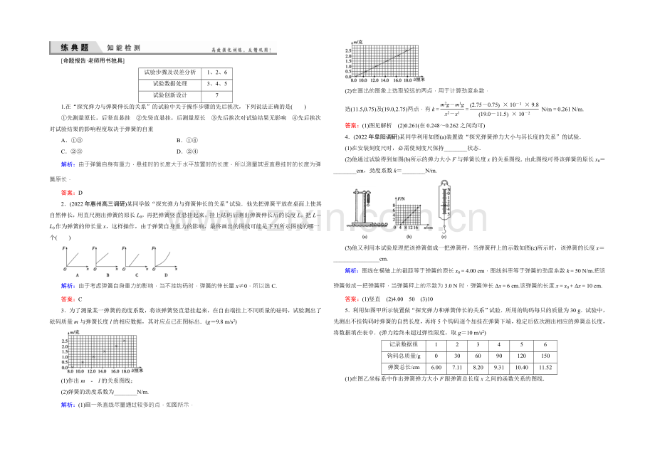 【优化探究】2022届高三物理一轮复习知能检测：2-4-1探究弹力和弹簧伸长的关系-.docx_第1页