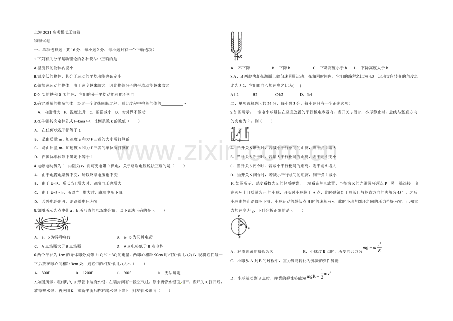 上海市2021届高考压轴卷物理试题-Word版含答案.docx_第1页