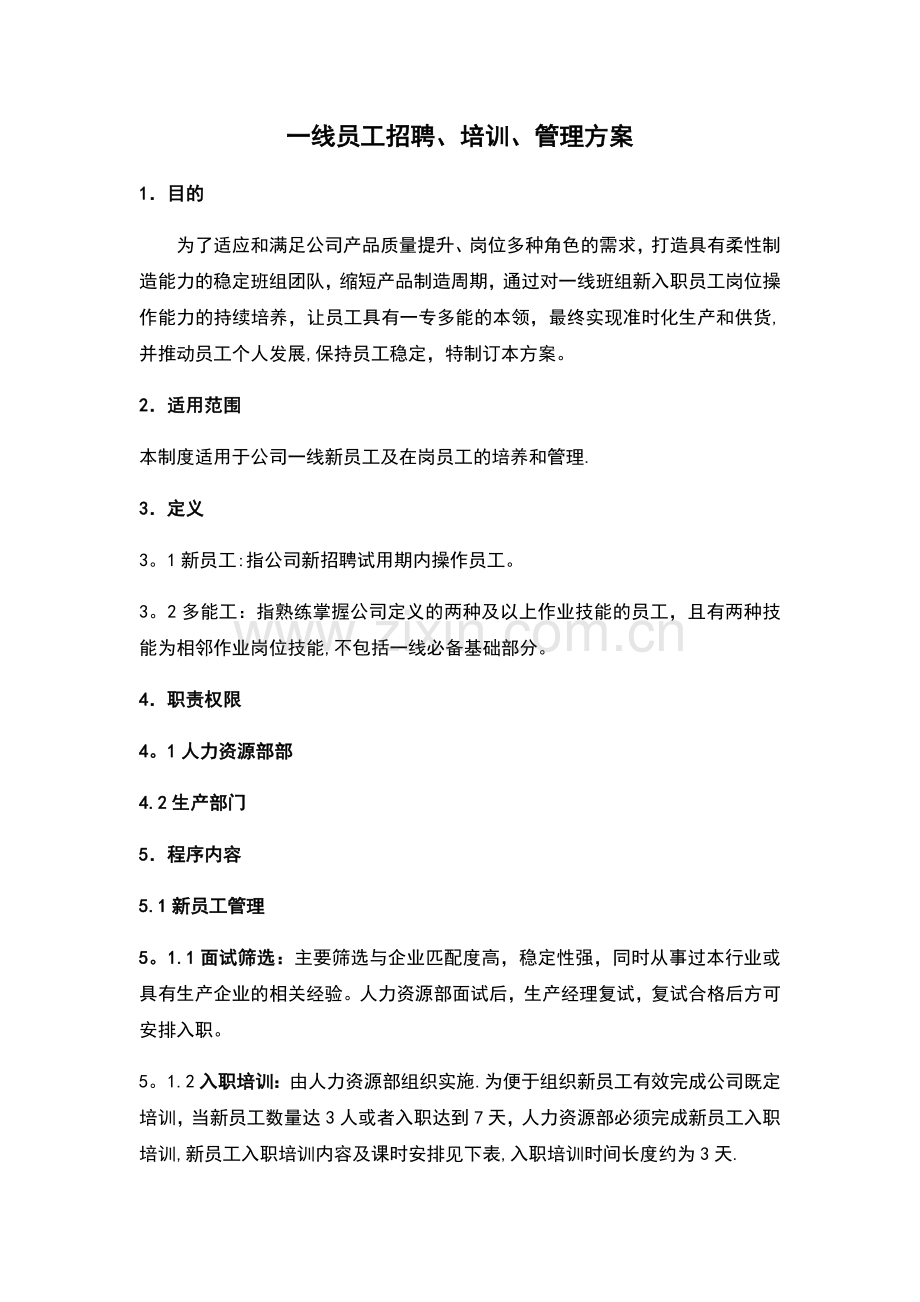 一线员工招聘、培训、管理方案大纲.docx_第1页