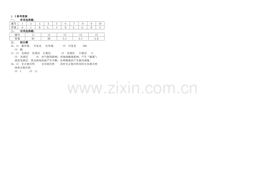 2020年新人教版高中地理必修1：同步练习1.2《太阳对地球的影响》(一).docx_第2页