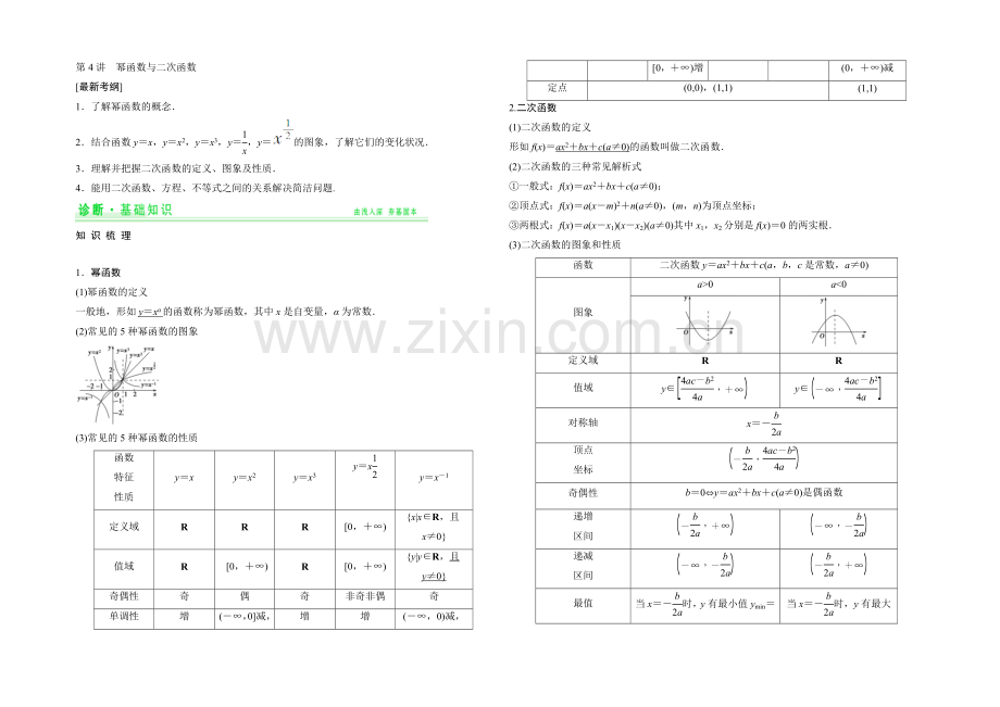 2021年高考数学(四川专用-理)一轮复习考点突破：第2篇-第4讲-幂函数与二次函数.docx_第1页