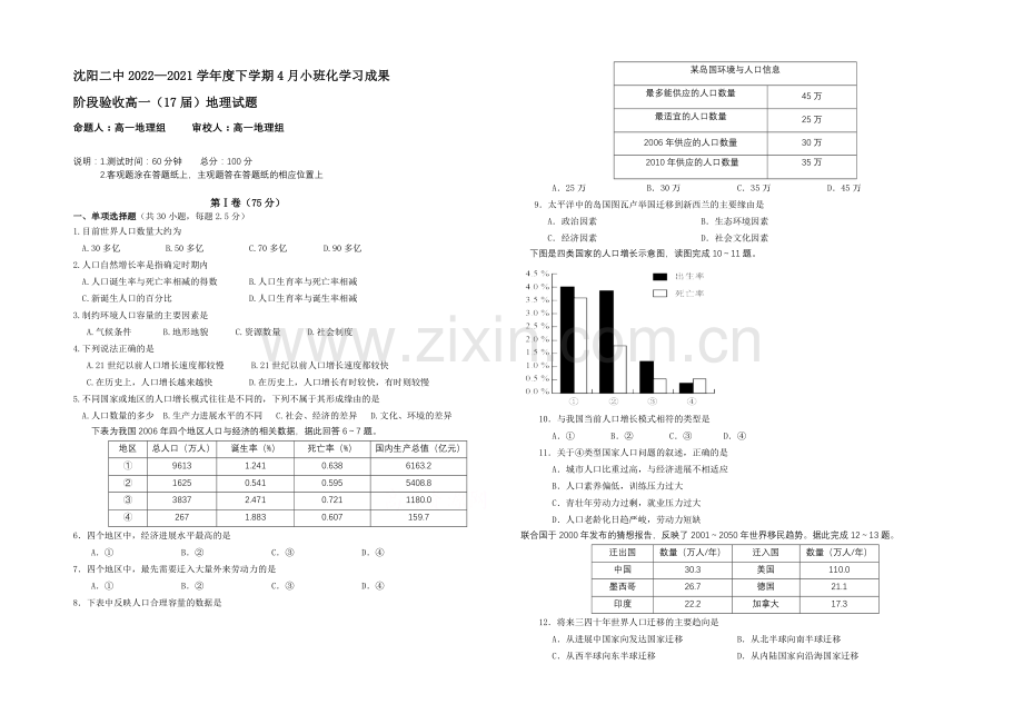 辽宁省沈阳二中2020-2021学年高一下学期4月月考试题-地理-Word版含答案.docx_第1页