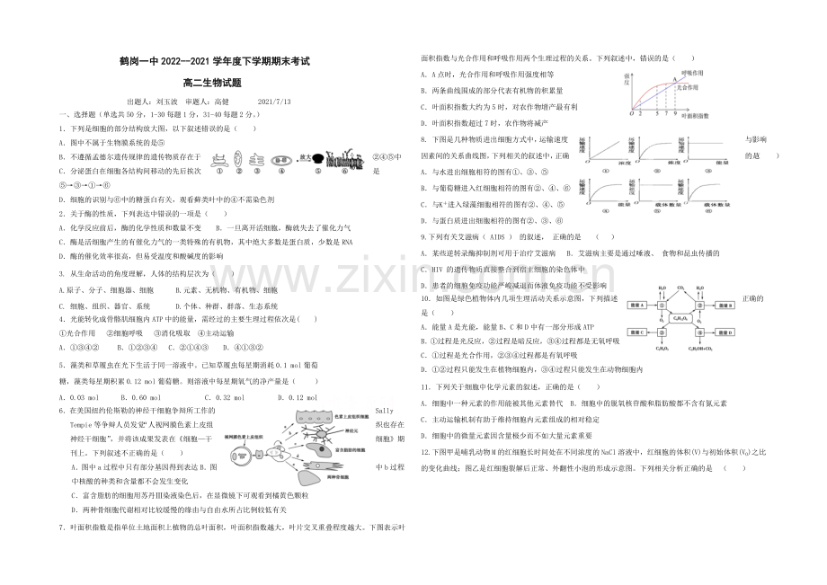 黑龙江省鹤岗一中2020—2021学年高二下学期期末试题-生物-Word版含答案.docx_第1页