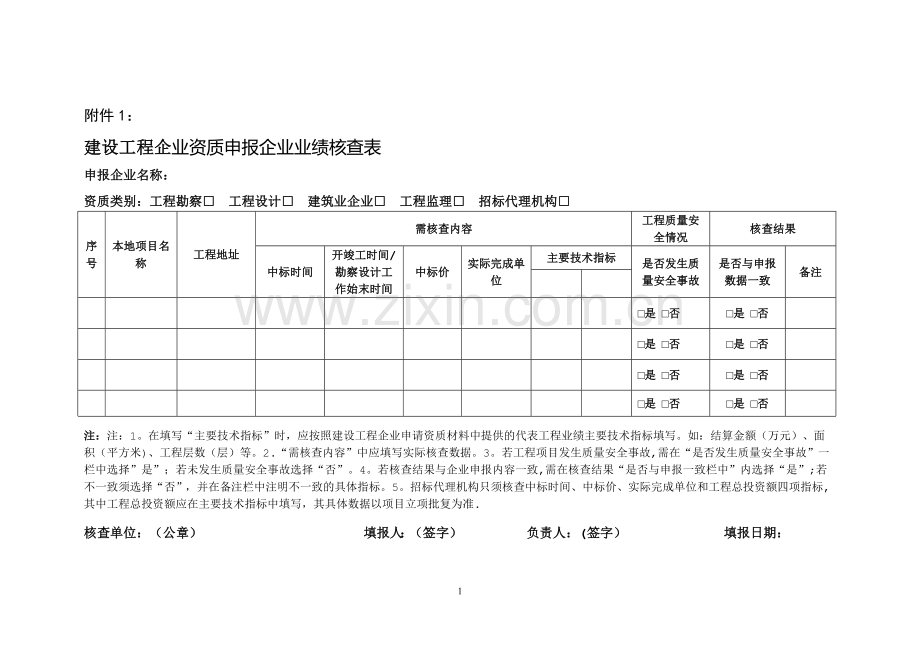 建设工程企业资质申报企业业绩核查表.doc_第1页