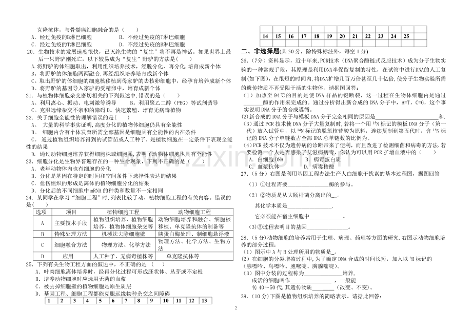 基因工程和细胞工程测试题(附答案-可用于考试).doc_第2页