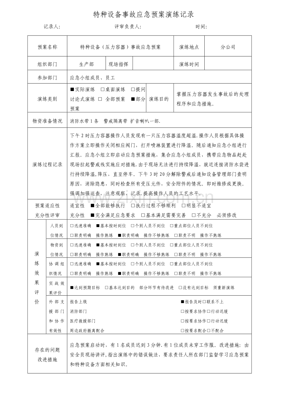 特种设备事故(压力容器)应急预案演练记录.doc_第1页