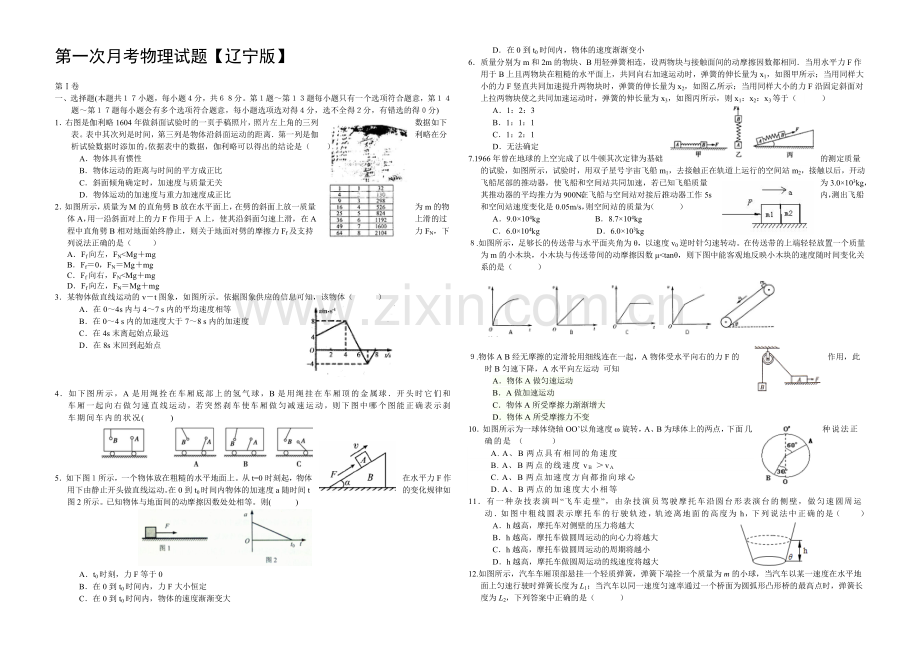 辽宁版2022届高三上学期第一次月考-物理-Word版含答案.docx_第1页