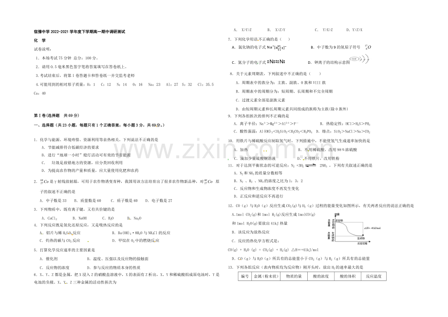 江苏省宿迁市宿豫中学2020-2021学年高一下学期期中考试化学试题-Word版.docx_第1页