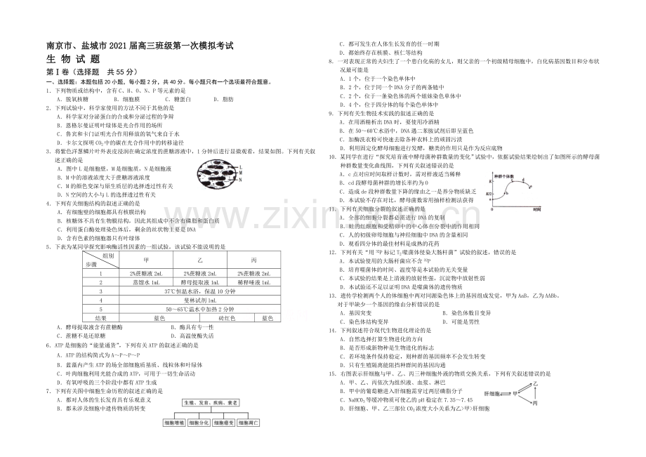 江苏省南京市、盐城市2021届高三第一次模拟考试-生物-Word版含答案.docx_第1页