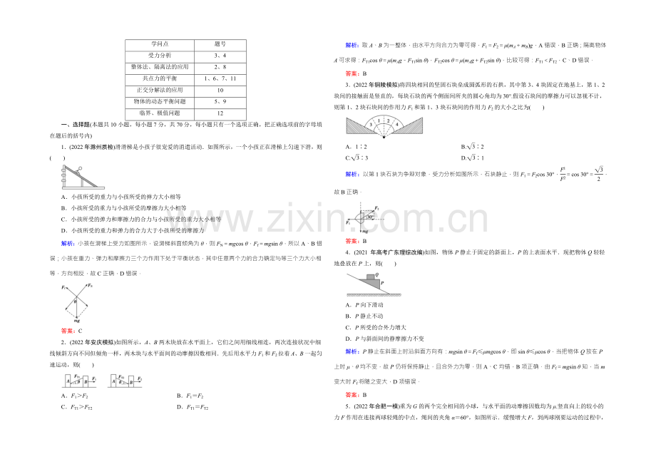 2022届高三物理一轮复习知能检测：2-3受力分析-共点力的平衡-.docx_第2页