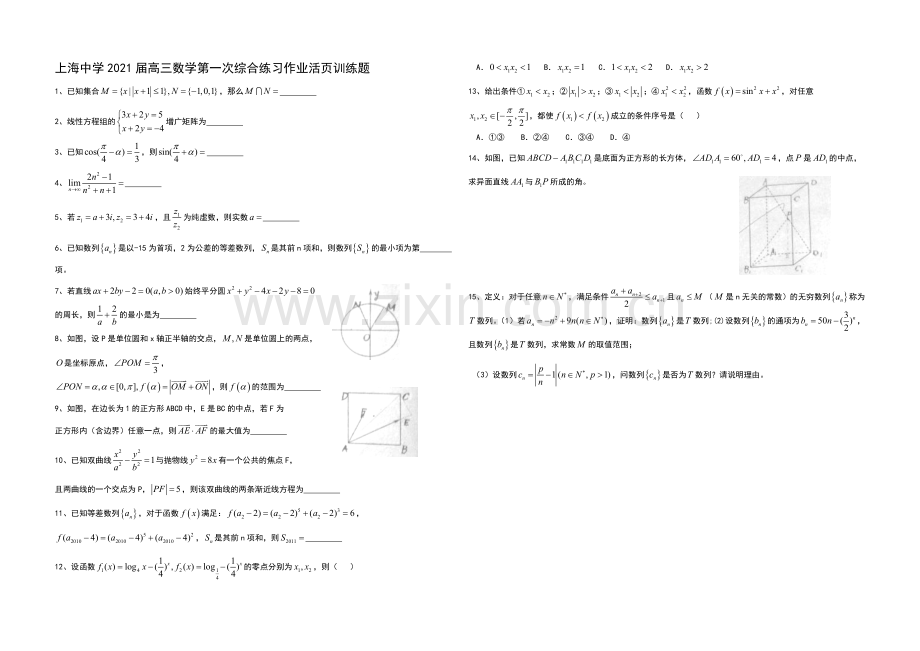 上海市上海中学2013届高三数学第一次综合练习作业活页训练word版-含答案.docx_第1页