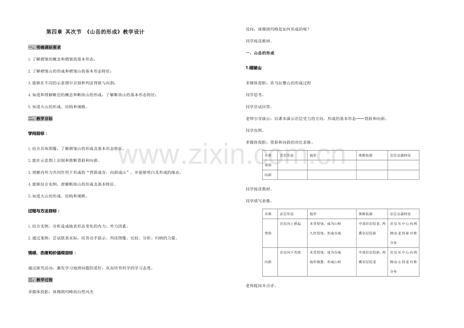 2020年新人教版高中地理必修1：教案4.2《山岳的形成》.docx_第1页