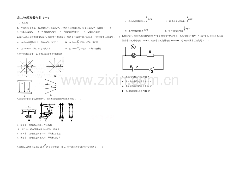 2020-2021学年高二寒假作业-物理(十)Word版含答案.docx_第1页