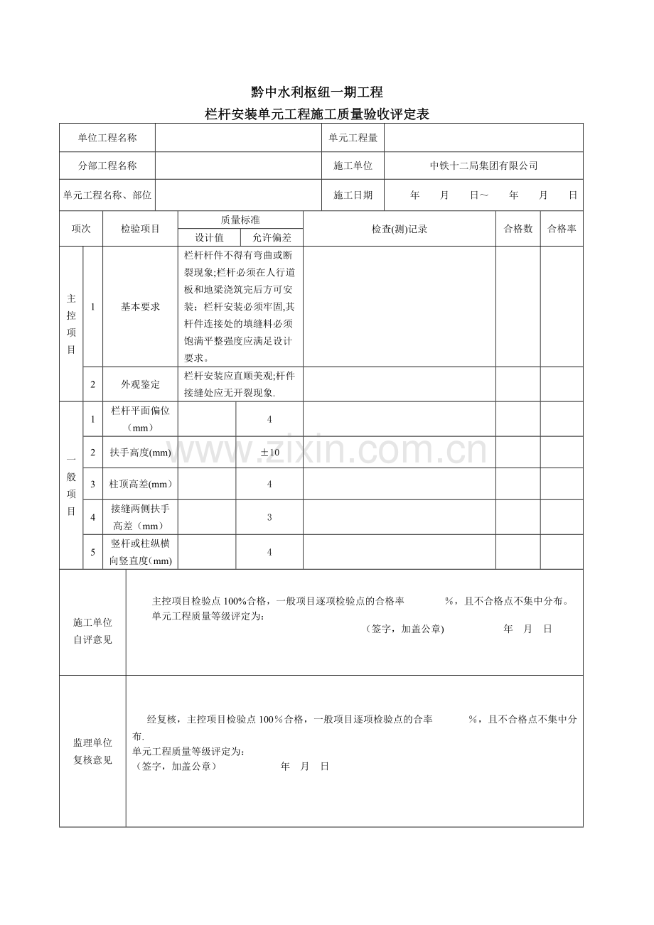 栏杆安装单元工程施工质量验收评定表(混凝土栏杆安装).doc_第1页